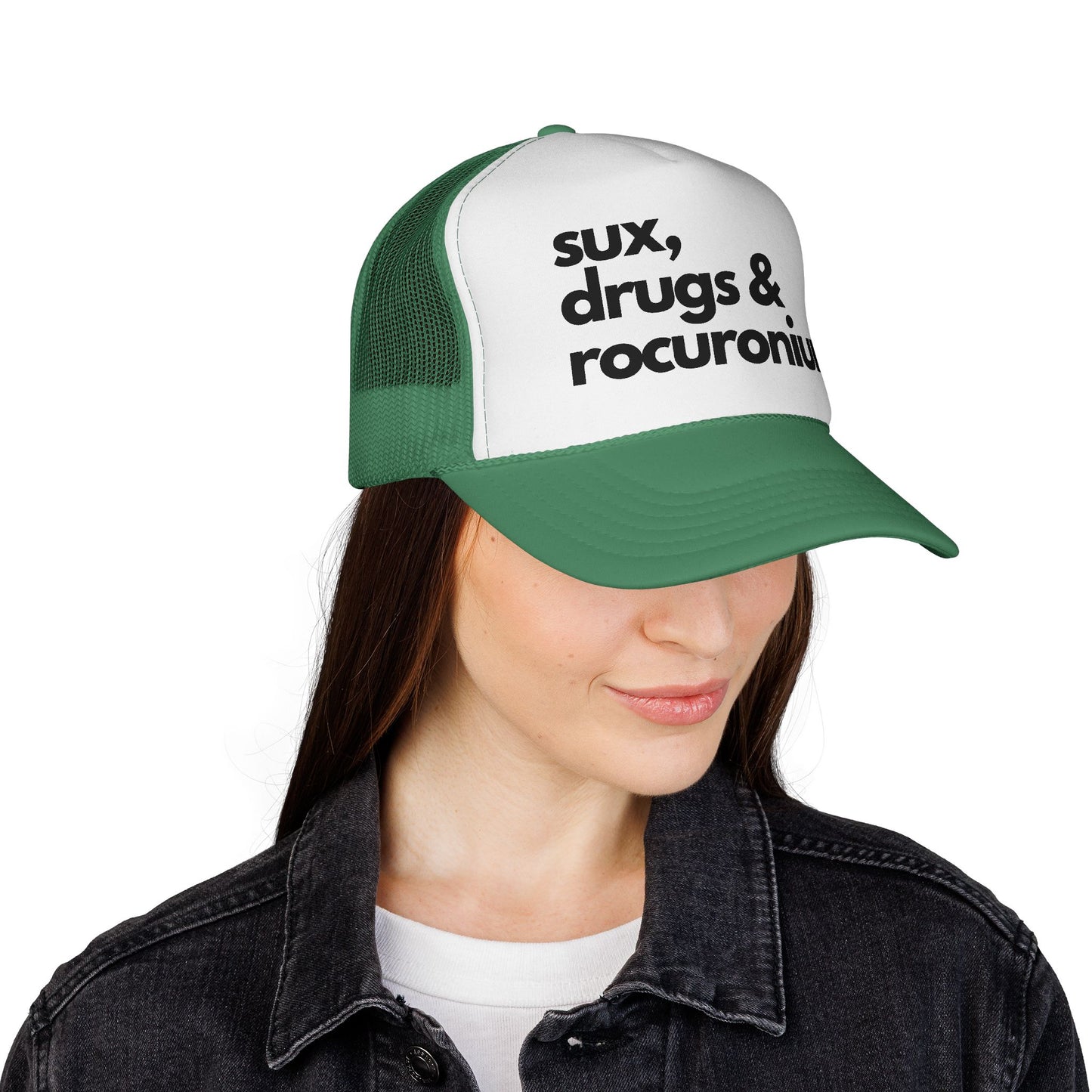 Sux, Drugs & Rocuronium Trucker Hat, Funny Healthcare Headgear in Multiple Colors, Trucker Caps