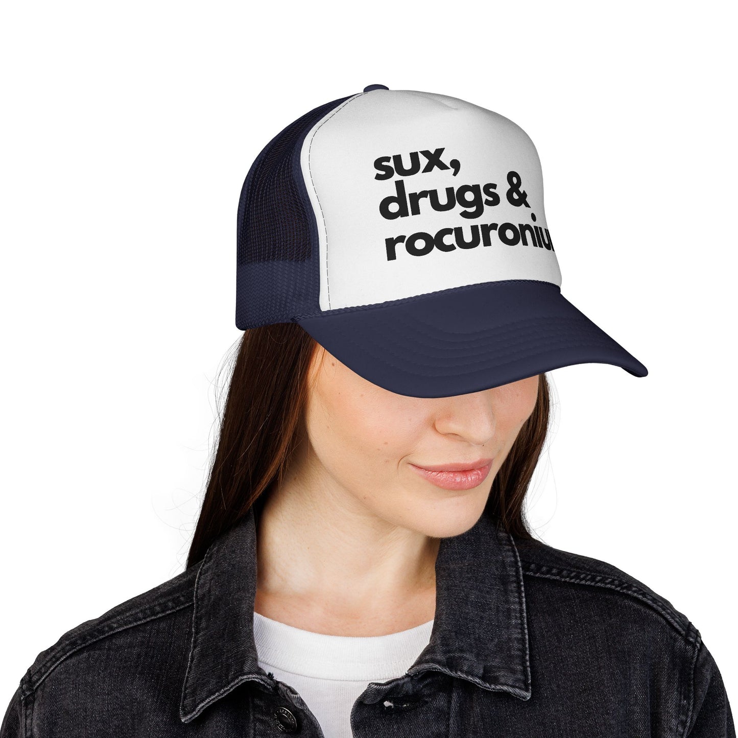 Sux, Drugs & Rocuronium Trucker Hat, Funny Healthcare Headgear in Multiple Colors, Trucker Caps