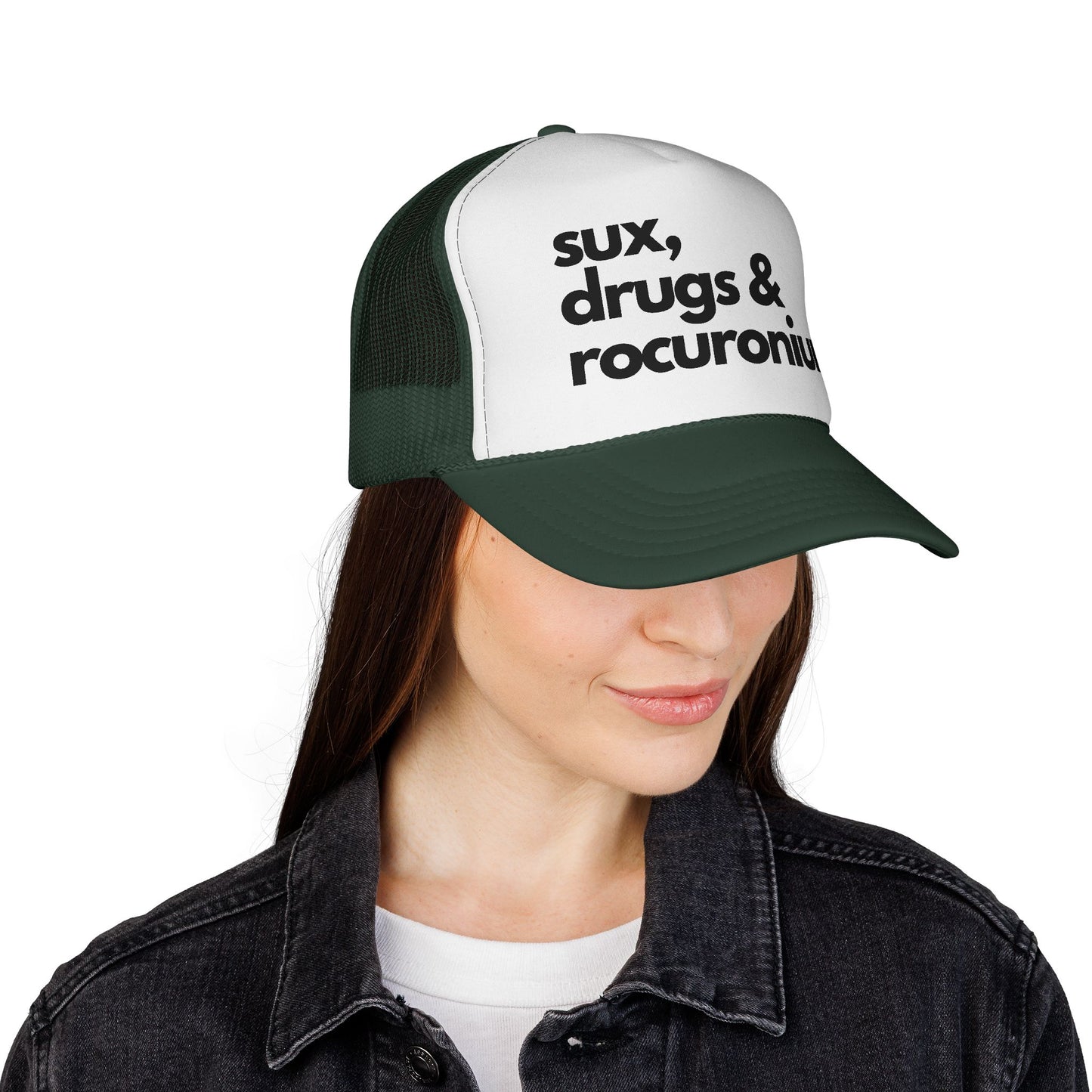 Sux, Drugs & Rocuronium Trucker Hat, Funny Healthcare Headgear in Multiple Colors, Trucker Caps