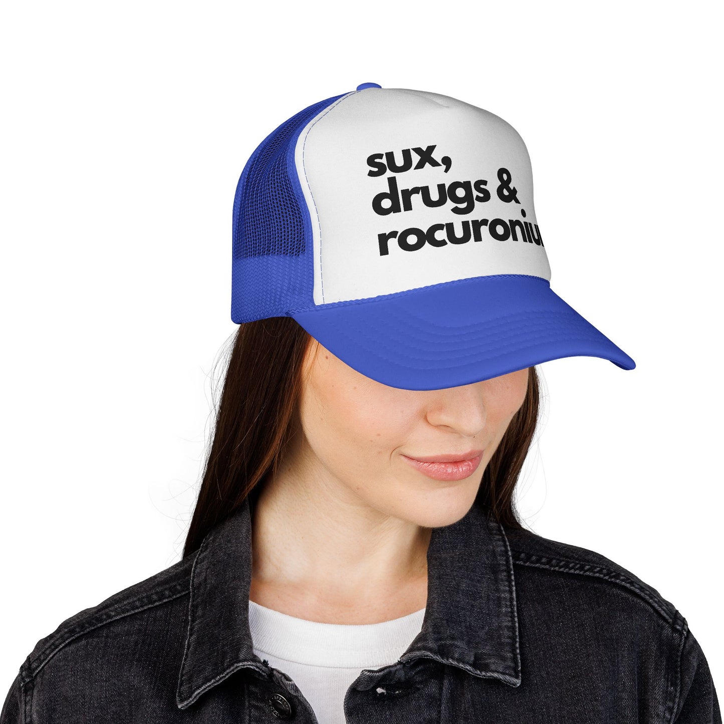 Sux, Drugs & Rocuronium Trucker Hat, Funny Healthcare Headgear in Multiple Colors, Trucker Caps