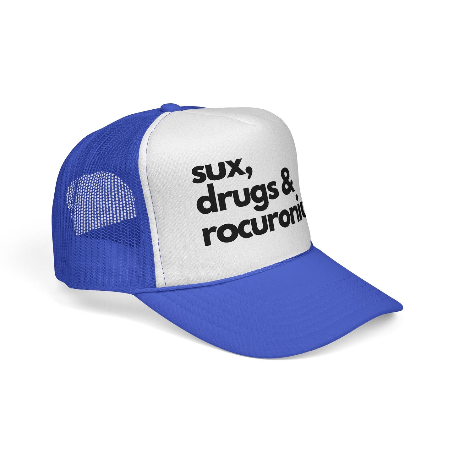 Sux, Drugs & Rocuronium Trucker Hat, Funny Healthcare Headgear in Multiple Colors, Trucker Caps