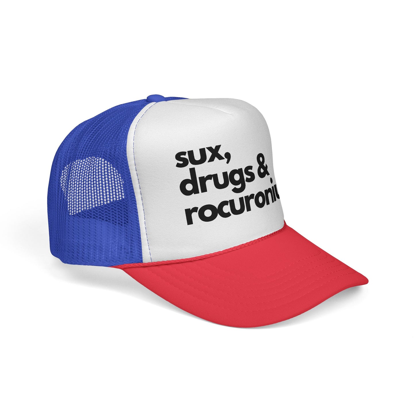 Sux, Drugs & Rocuronium Trucker Hat, Funny Healthcare Headgear in Multiple Colors, Trucker Caps