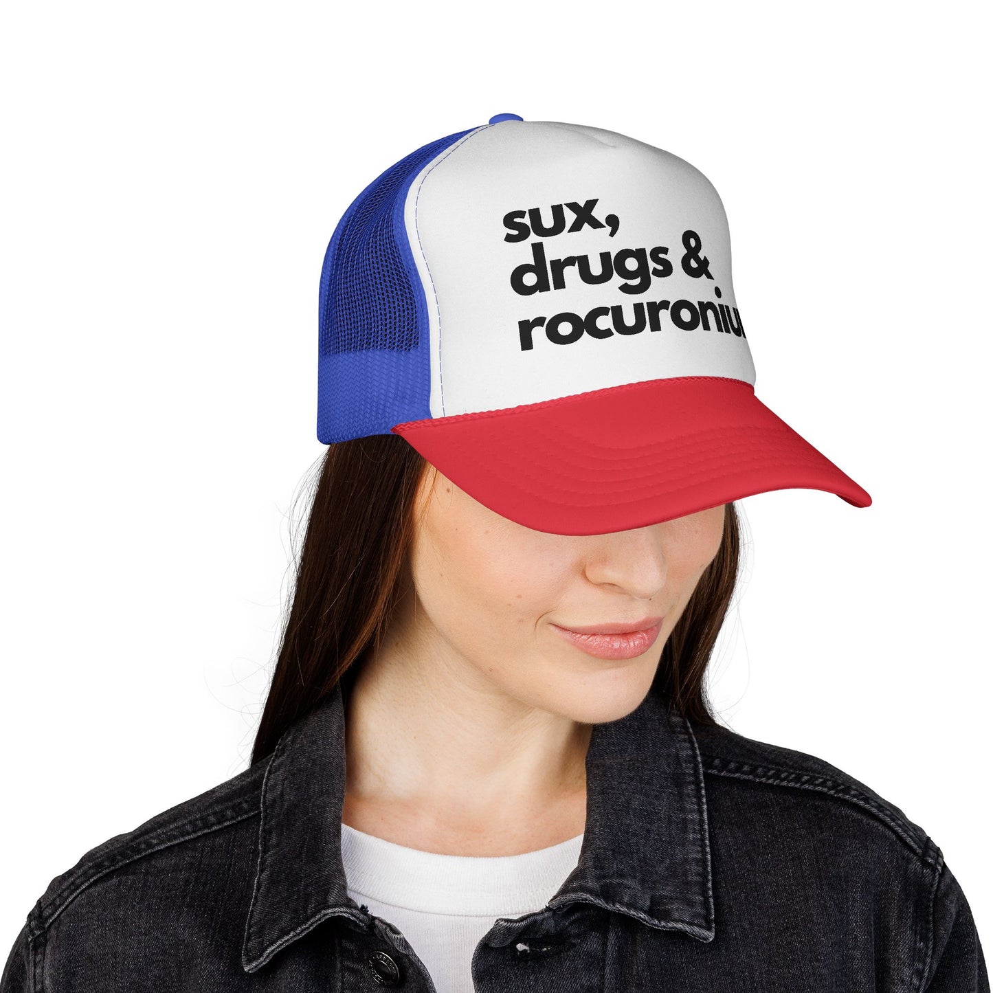 Sux, Drugs & Rocuronium Trucker Hat, Funny Healthcare Headgear in Multiple Colors, Trucker Caps