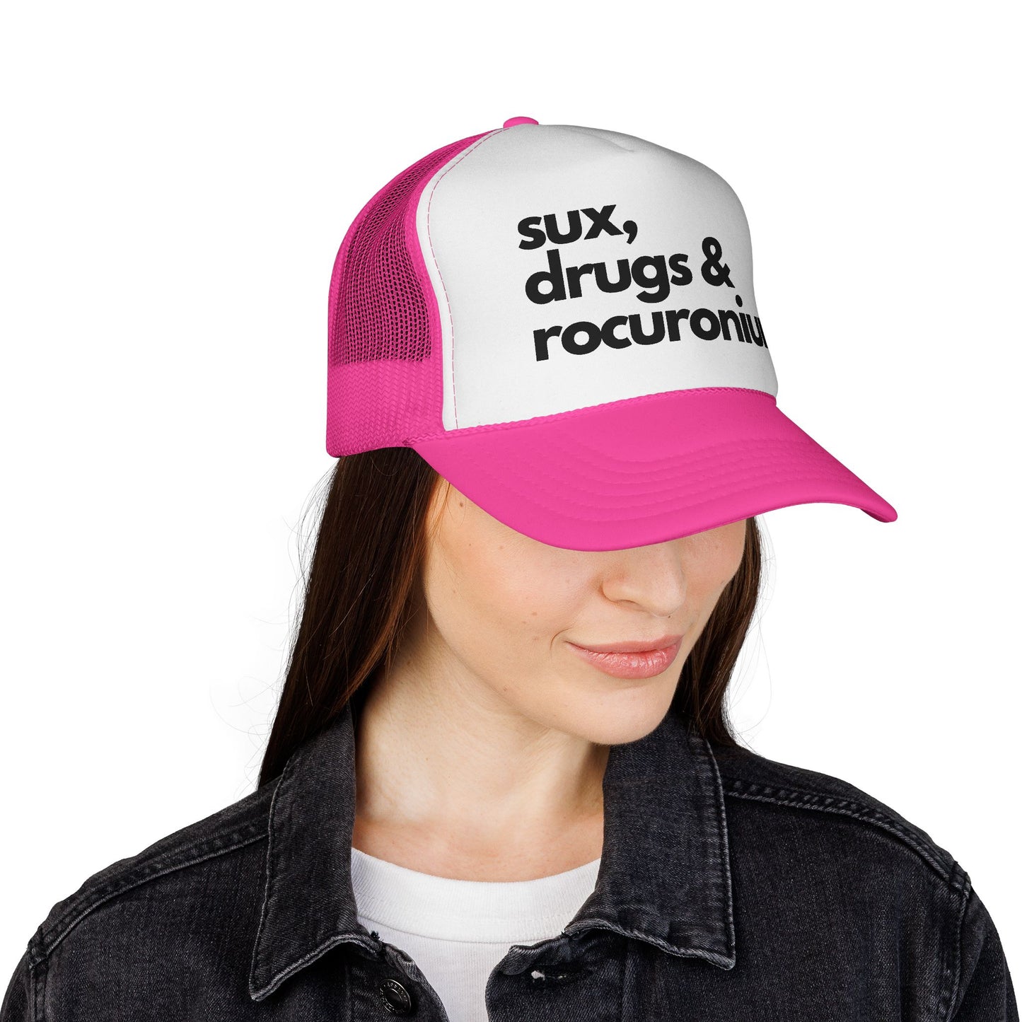 Sux, Drugs & Rocuronium Trucker Hat, Funny Healthcare Headgear in Multiple Colors, Trucker Caps