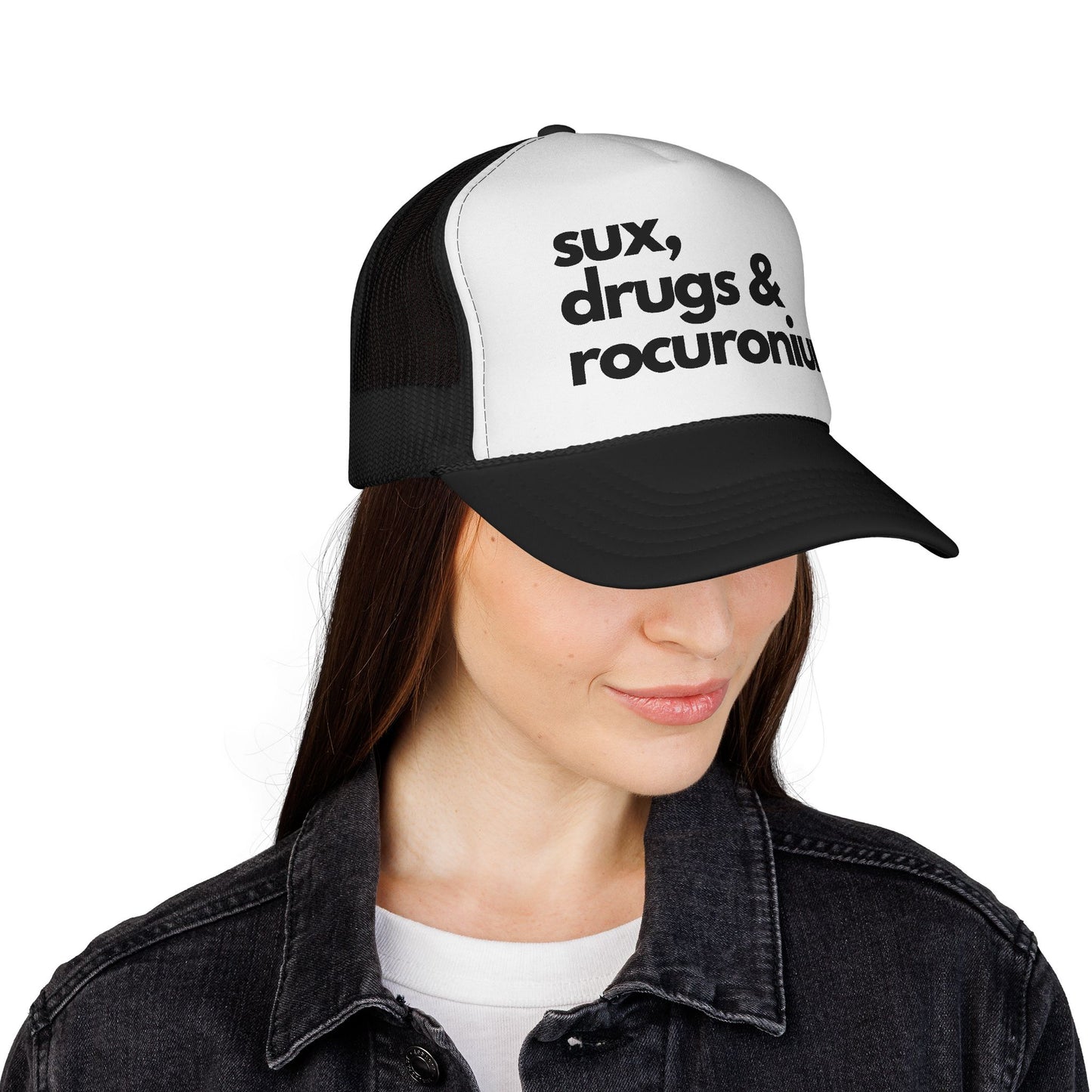 Sux, Drugs & Rocuronium Trucker Hat, Funny Healthcare Headgear in Multiple Colors, Trucker Caps