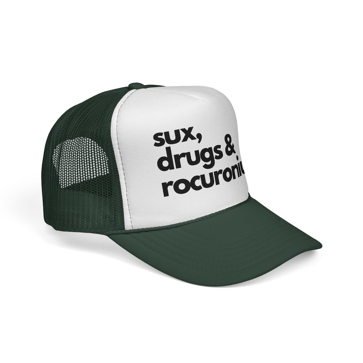 Sux, Drugs & Rocuronium Trucker Hat, Funny Healthcare Headgear in Multiple Colors, Trucker Caps